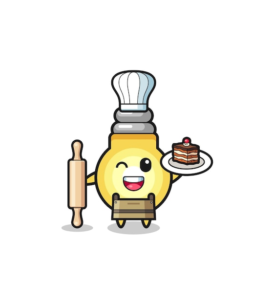 Light bulb as pastry chef mascot hold rolling pin