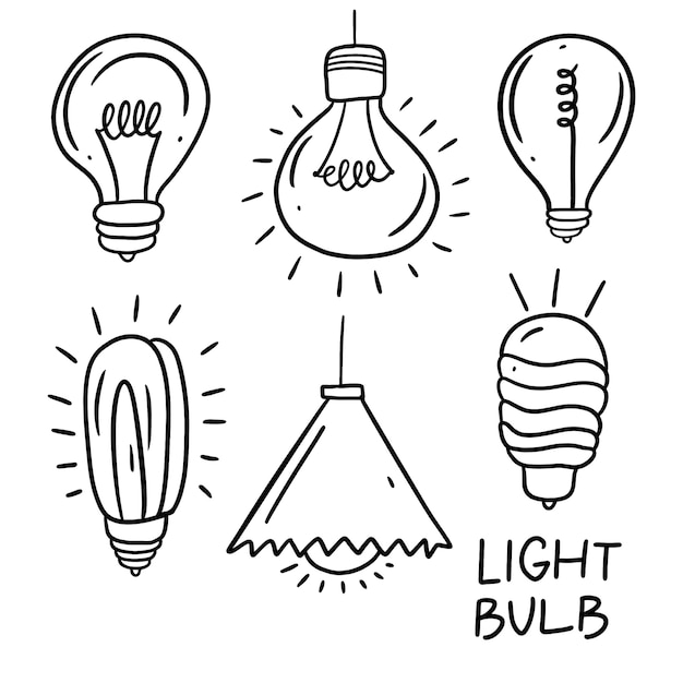 Illustrazione al tratto nero della lampadina. insieme di doodle disegnato a mano.