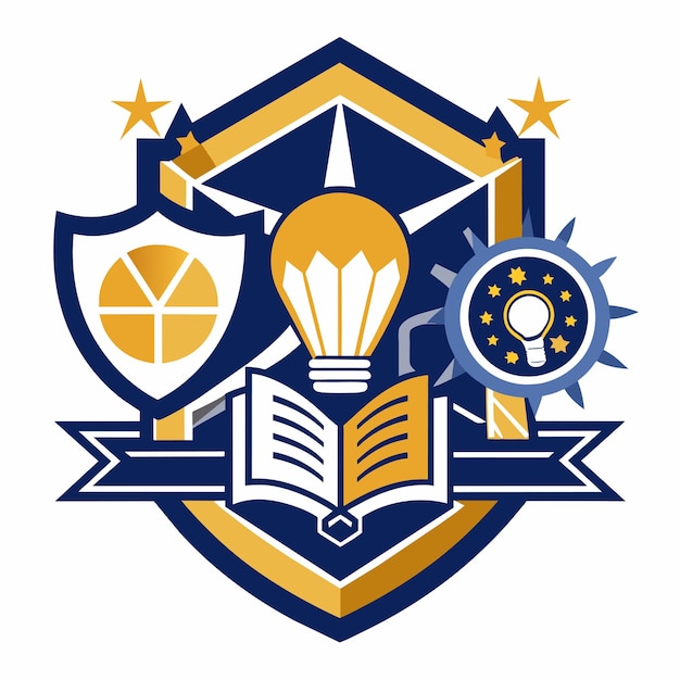 Лампочка и книга, размещенные на щите в смелой графической эмблеме, смелый графический логотип, представляющий колледж с акцентом на инновации и творчество