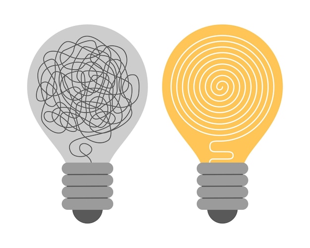 Vector light bulb bright versus broken dark lamp with disorganized wire yellow organized bulb