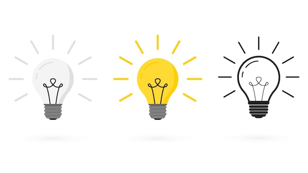 Light bulb in different styles: vector, linear and flat. Light Bulb line icon.