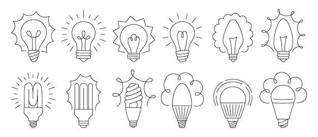 Light bulb doodle icon set retro glass lamp ecology led line sign economy lightbulb symbol idea