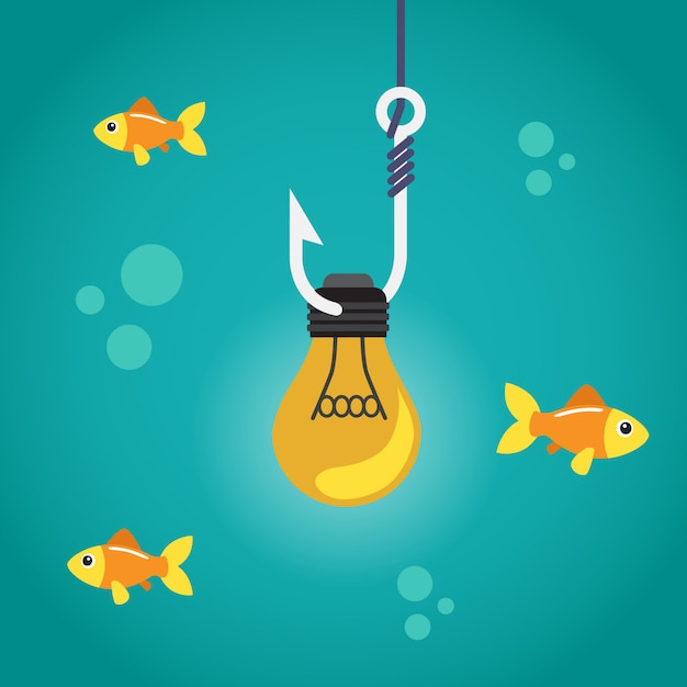 Vector light bulb on fishing hook and fishes swimming