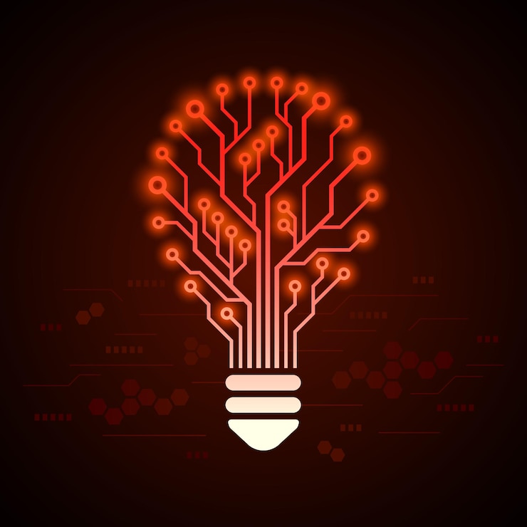 Vector light bulb in form of printed circuit board with glowing effects. hi tech design concept