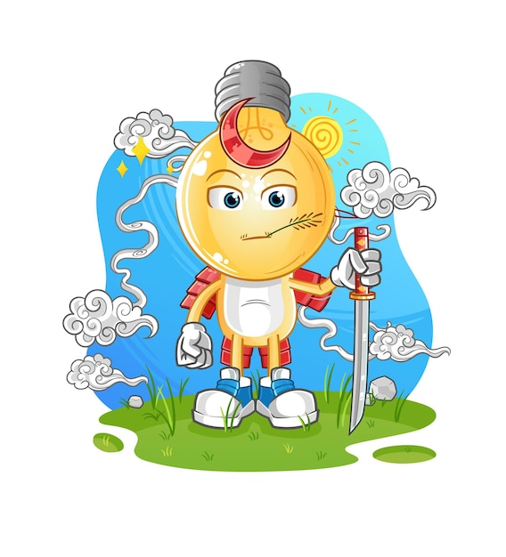 Light bulb head cartoon samurai cartoon mascot vector