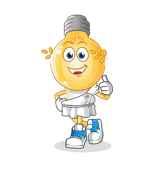 Cartone animato testa di lampadina con abbigliamento greco. vettore della mascotte del fumetto