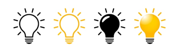 Вектор Набор иконок лампочки. символ идеи. плоская лампочка и очертания пиктограммы. иконки светящейся энергии.