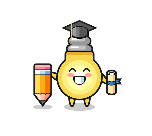 Light bulb illustration cartoon is graduation with a giant pencil , cute style design for t shirt, sticker, logo element