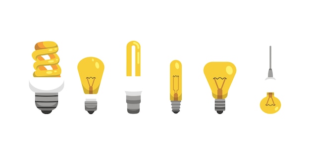 Light bulb and lamp set in cartoon style. main electric lighting types  . idea illustration.