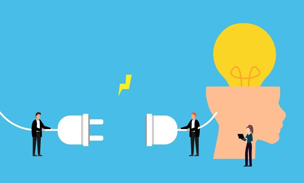 Vector light bulb lights up as a creative idea brain charging