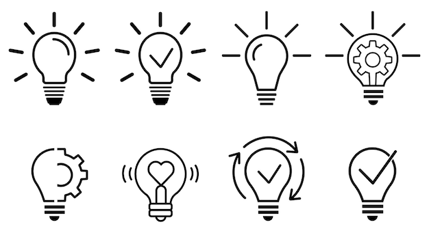 Light bulb linear icon set Ideas and process icon in flat style Light Bulb with gear checkmark and arrows icon Implementation concept Vector illustration for graphic design Web UI mobile app