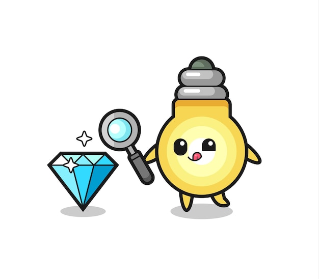 Light bulb mascot is checking the authenticity of a diamond