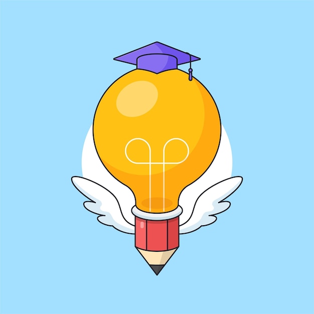 Light bulb pencil wearing toga hat vector illustration for smart education visual concept design