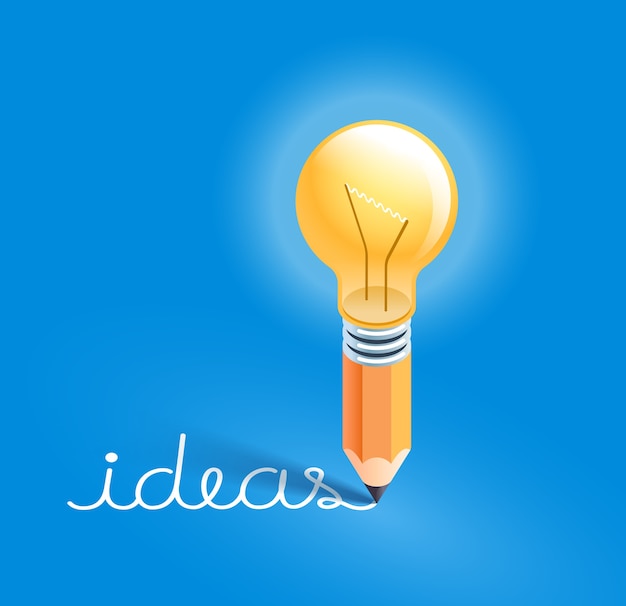 Light bulb on pencil writing ideas text