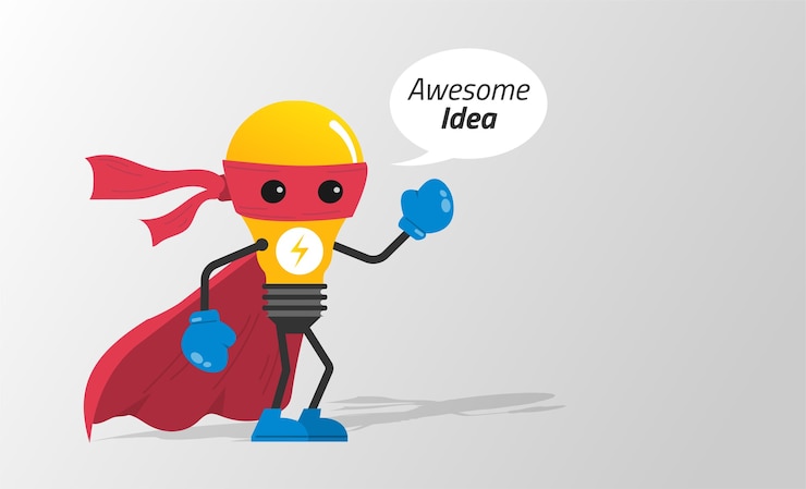 Vector light bulb on superhero costume concept. awesome idea symbol illustration