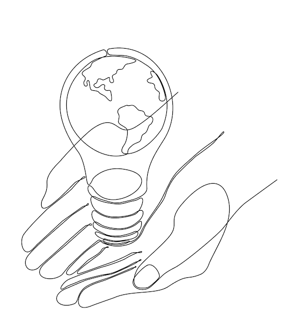 Light bulb symbol idea drawing one continuous line. Hand holding world map of the world in lamp