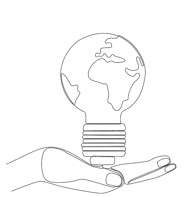 Light bulb symbol idea drawing one continuous line. Hand holding world map of the world in lamp