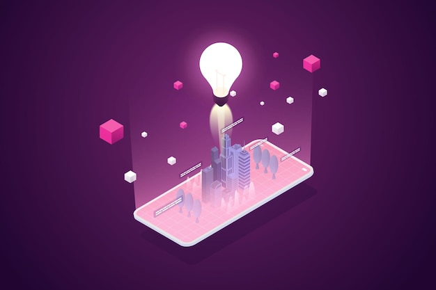 Light bulb and virtual city on smartphone experience metaverse