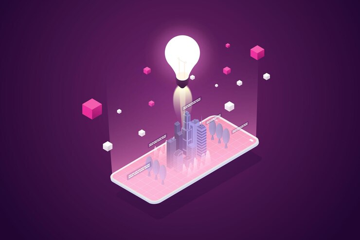 Вектор лампочка и виртуальный город на смартфоне опыт metaverse