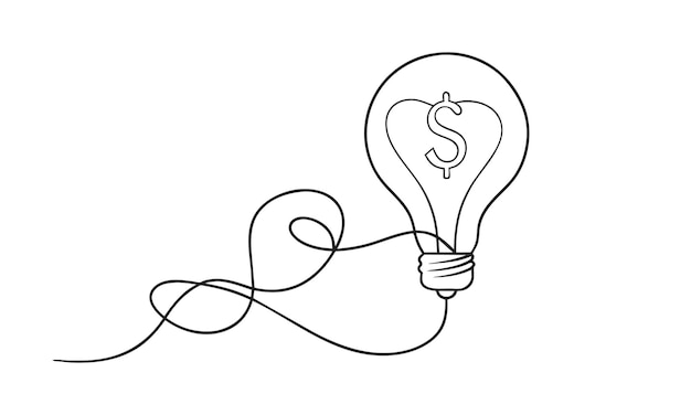 1行連続ラインアートベクトルイラストで手描きのドル符号の電球