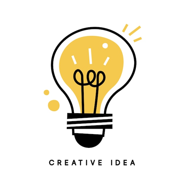 Vettore lampadina con raggi brillano stile cartone animato stile piatto stile disegnato a mano stile doodle simbolo di creatività innovazione ispirazione invenzione e idea illustrazione vettoriale