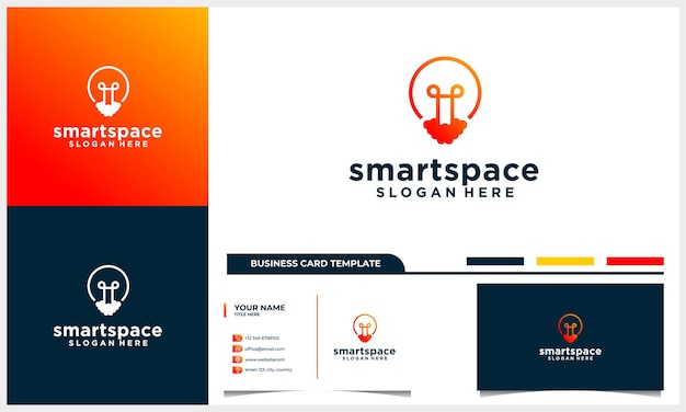 ロケットの煙のロゴのデザインコンセプトと名刺テンプレートの電球