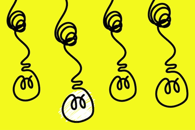 光を照らす電球 漫画スタイル フラット スタイル 手描きスタイル 落書きスタイル 創造性 イノベーション インスピレーション 発明とアイデア ベクトル図のシンボル