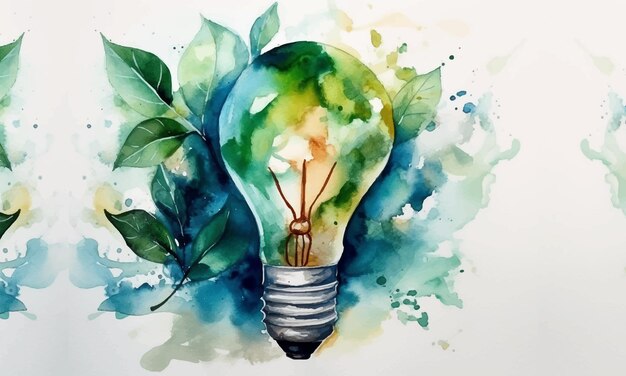 A light bulb within a light bulb green energy trees leaves watercolor background design