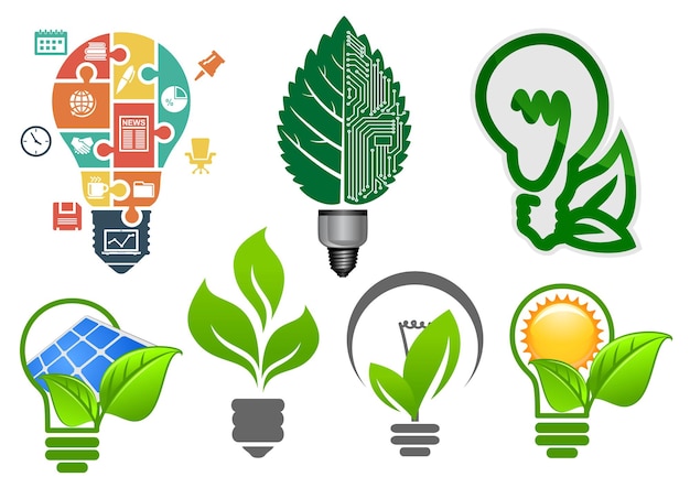 Vector light bulbs ecology icons and symbols