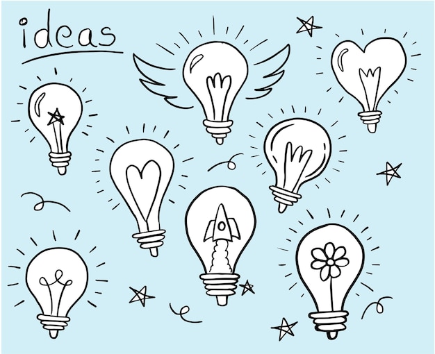 Light bulbs ideas hand drawn vector doodles