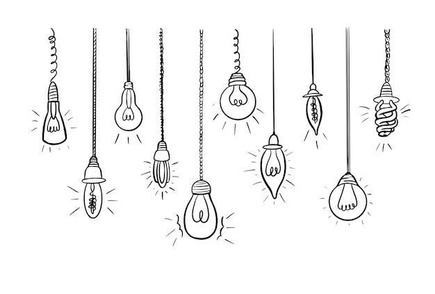 Light bulbs set. Lamp in doodle style, hand drawn. Business idea concept, electric lamp, energy.