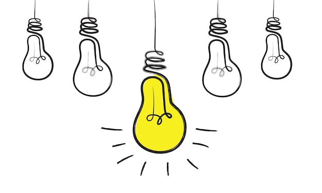 Light bulbs with rays shine. Hand drawn vector.