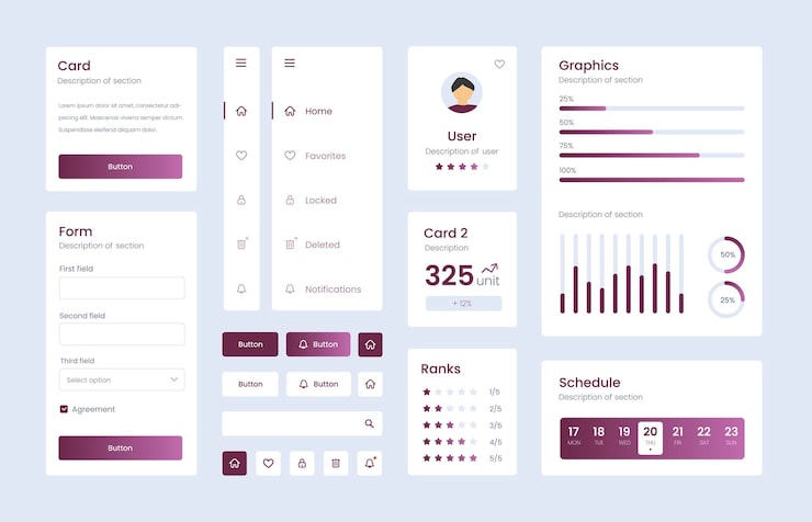 Vector light collection of gradient ui ux elements. ux dashboard user panel template. user interface, experience. ui elements to book the app.