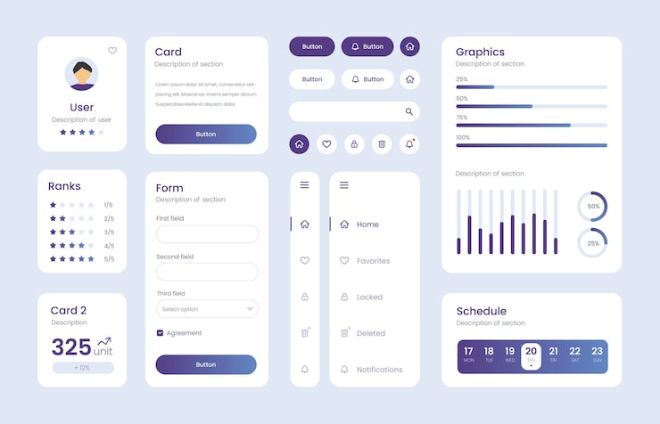 Vector light collection of gradient ui ux elements. ux dashboard user panel template. user interface, experience. ui elements to book the app.
