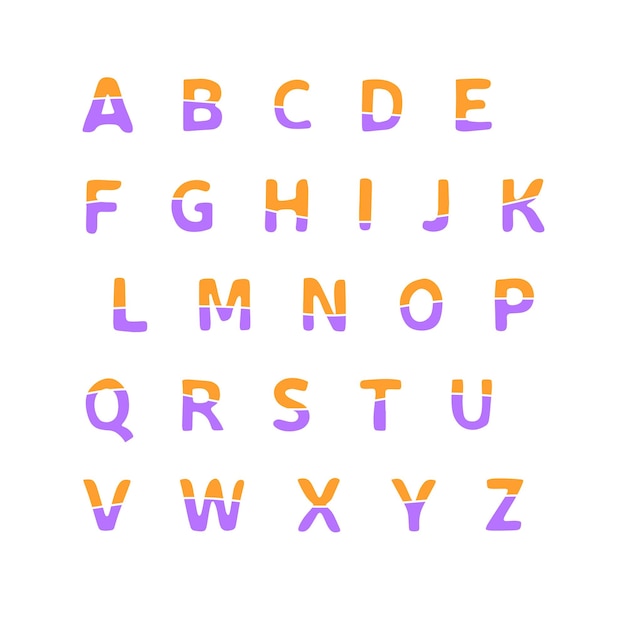 Light color alphabet with orange and purple color. Vector illustration.