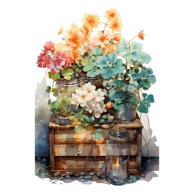 an light colors watercolor illustration a very few old wooden boxes piled up with two flowers in high