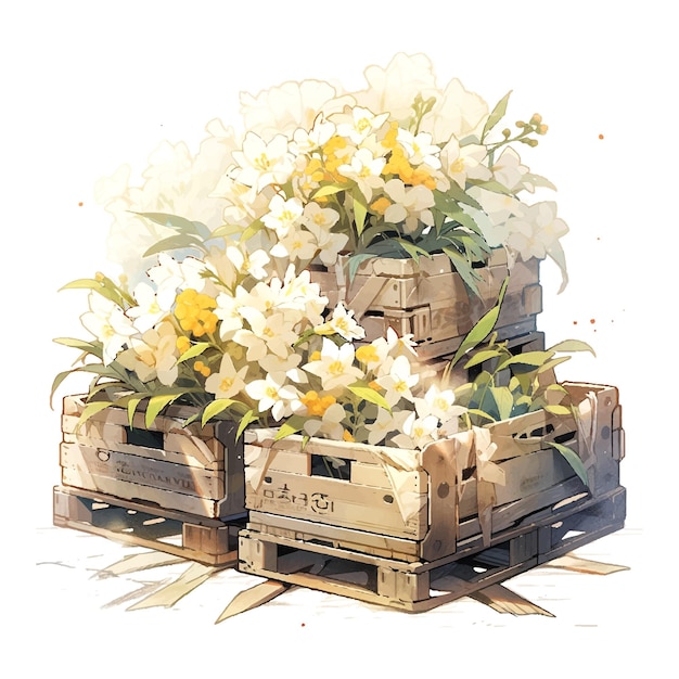 an light colors watercolor illustration a very few old wooden boxes piled up with two flowers in high