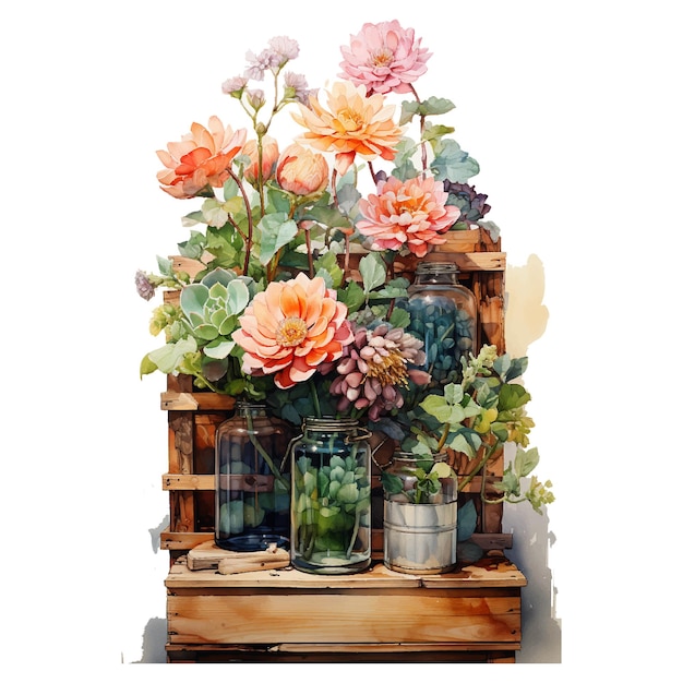 an light colors watercolor illustration a very few old wooden boxes piled up with two flowers in high