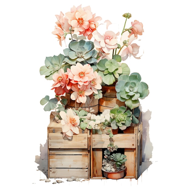 an light colors watercolor illustration a very few old wooden boxes piled up with two flowers in high