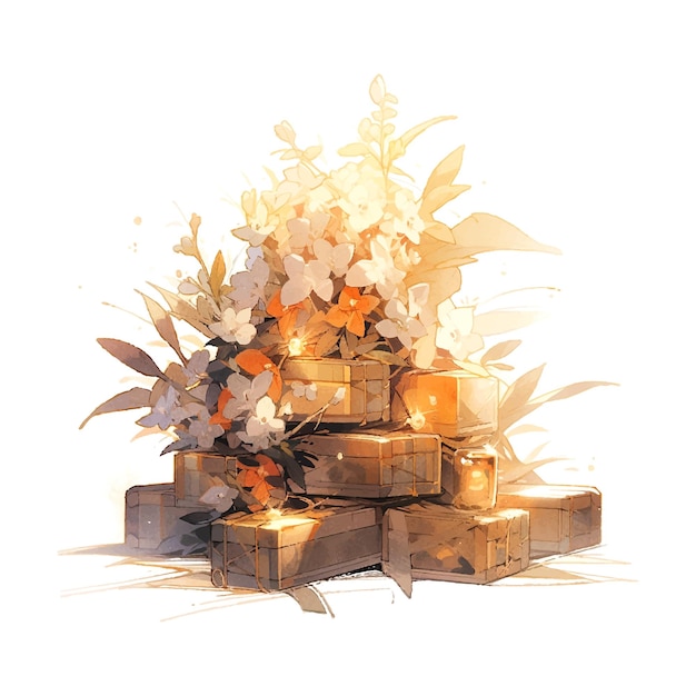 an light colors watercolor illustration a very few old wooden boxes piled up with two flowers