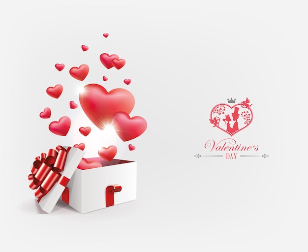 Light composition with a white box with a red bow and a set of hearts