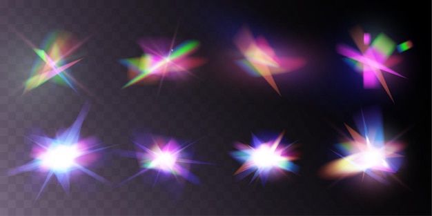 ベクトル ライトクリスタル光沢のあるホログラムボケ透明な色効果のセット