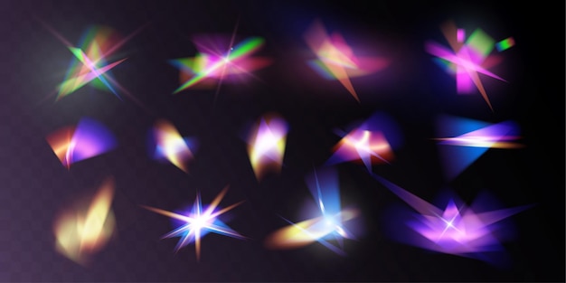 Light crystal shiny hologram bokeh set of transparent color effects