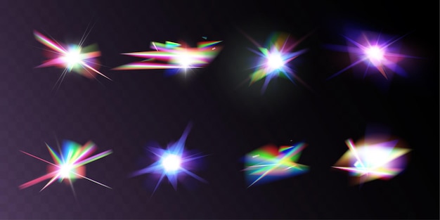Vector light crystal shiny hologram bokeh set of transparent color effects