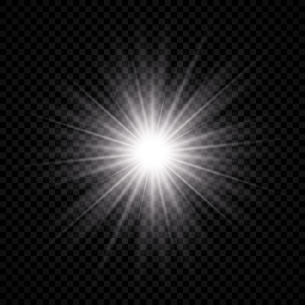 Effetto luce del riflesso lente. la luce bianca incandescente esplode con effetti starburst e scintillii su uno sfondo trasparente. illustrazione vettoriale