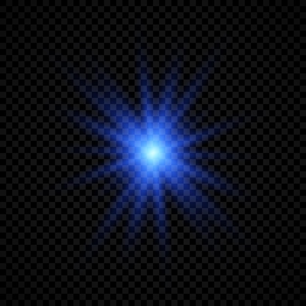 Световой эффект бликов линз. Синие светящиеся огни звездообразования с блестками на прозрачном фоне. Векторная иллюстрация