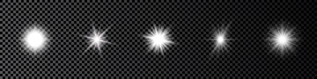 Effetto luce dei riflessi dell'obiettivo set di cinque luci bianche luminose effetti starburst con scintillii su uno sfondo scuro trasparente illustrazione vettoriale