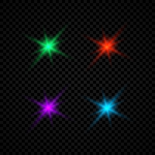 Light effect of lens flares Set of four green red purple and blue glowing lights starburst effects with sparkles on a dark transparent background Vector illustration