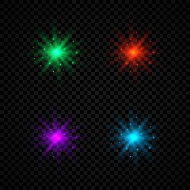 レンズフレアの光の効果暗い透明な背景に輝く4つの緑、赤、紫、青の光るスターバースト効果のセットベクトル図
