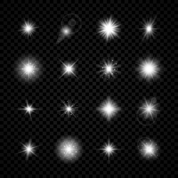 Effetto luce dei riflessi dell'obiettivo. set di sedici effetti starburst di luci bianche incandescenti con scintillii su uno sfondo trasparente. illustrazione vettoriale
